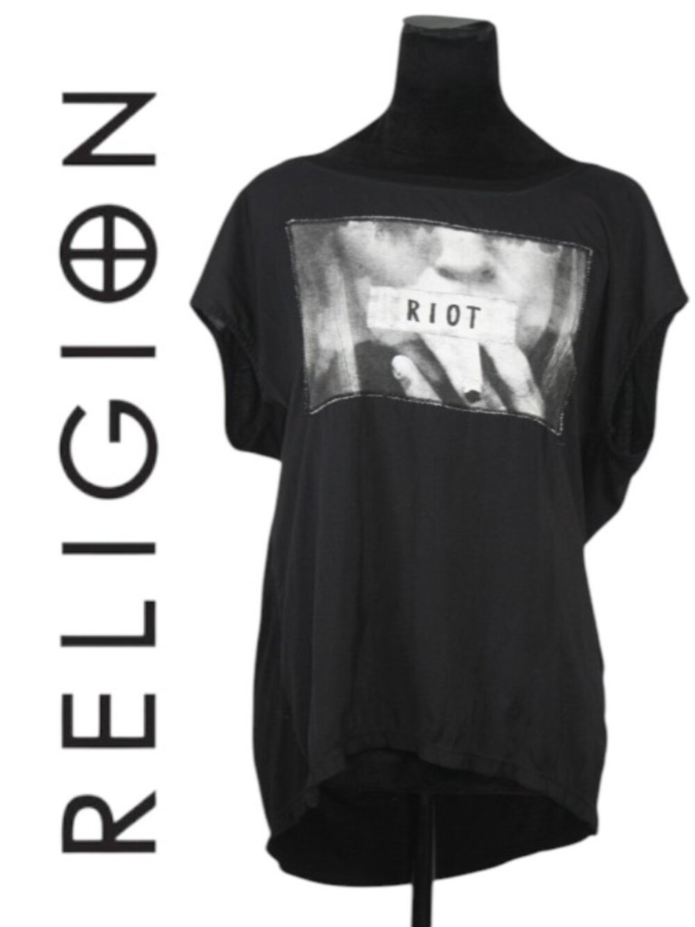 Religion Black Sleeveless Graphic T-Shirt Size Medium